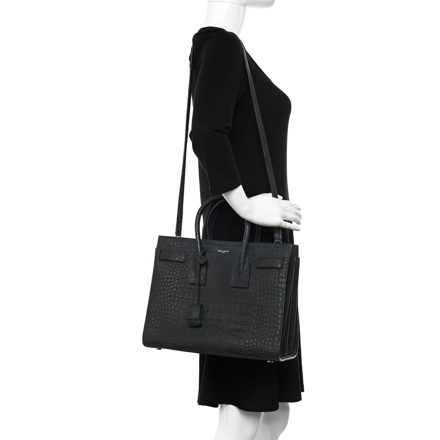 Saint Laurent Calfskin Crocodile Embossed Small Sac de Jour Dusty Black 2 of 10
