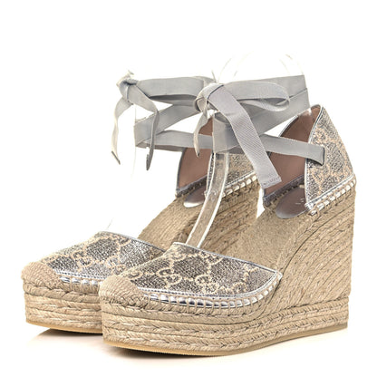 Gucci Lame GG Monogram Ankle Wrap Platform Espadrille Wedges 37 Silver Beige Light Grey 3 of 9