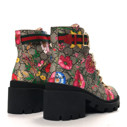 Gucci GG Supreme Monogram Flora Lace Up Combat Ankle Boots 38 Beige Multicolor Red 5 of 8