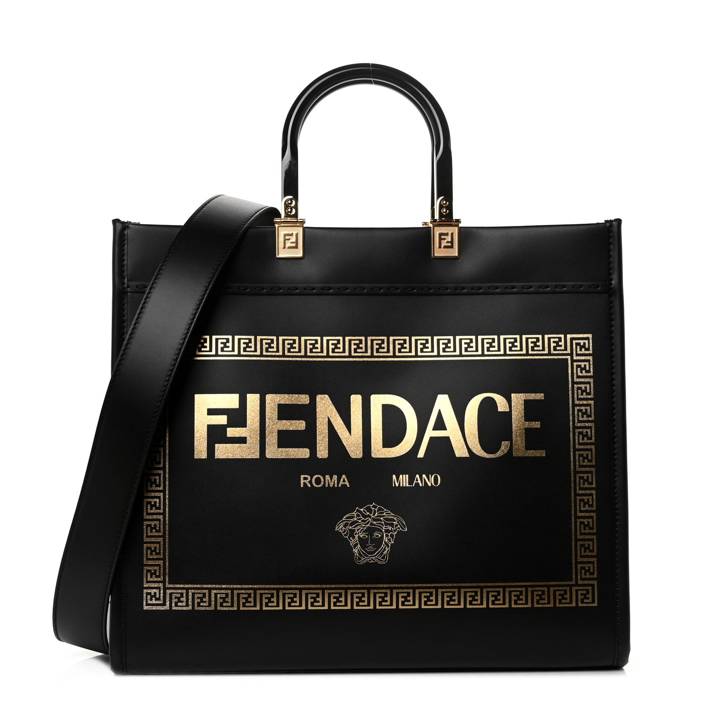 X VERSACE Calfskin Plexiglass Fendace Medium Fendi Sunshine Shopper Tote Black