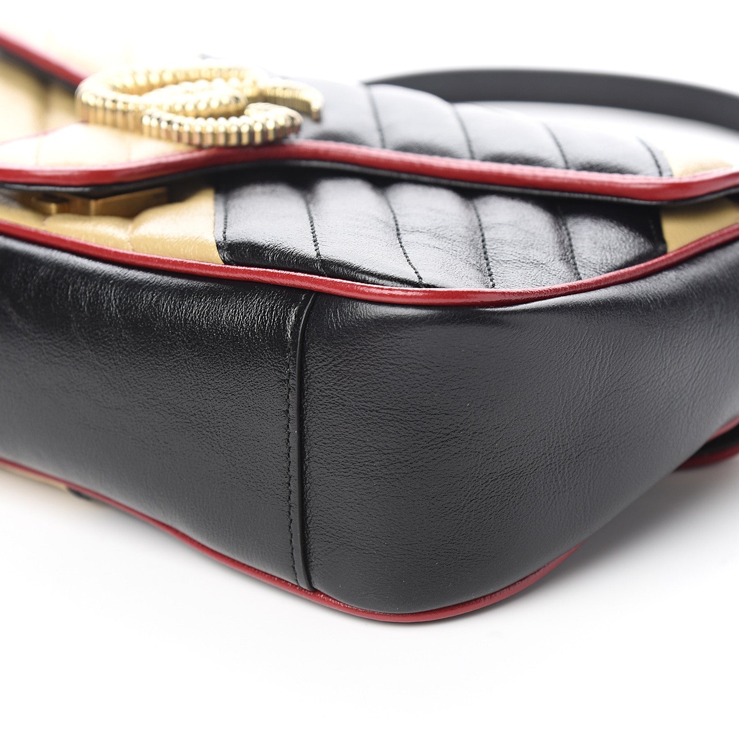 Gucci Vintage Effect Calfskin Matelasse Diagonal Striped Small Torchon GG Marmont Shoulder Bag Black Beige 8 of 9