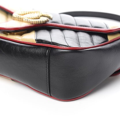 Gucci Vintage Effect Calfskin Matelasse Diagonal Striped Small Torchon GG Marmont Shoulder Bag Black Beige 8 of 9