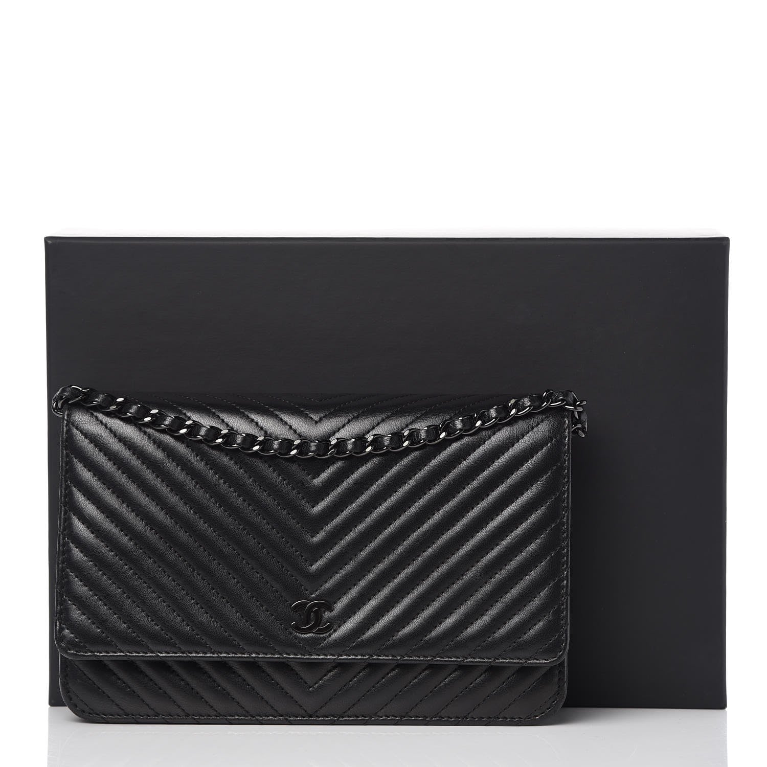 Chanel Lambskin Chevron Quilted Wallet On Chain WOC So Black 11 of 11