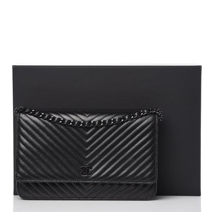 Chanel Lambskin Chevron Quilted Wallet On Chain WOC So Black 11 of 11