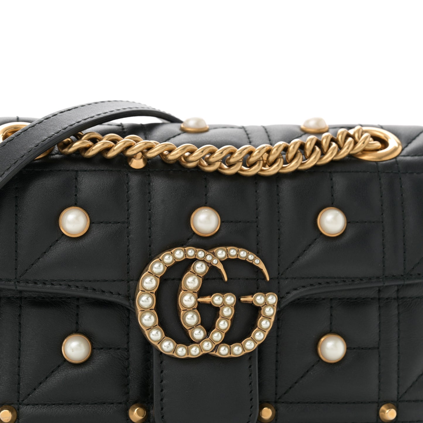 Calfskin Matelasse Studded Mini Pearly GG Marmont Shoulder Bag Black