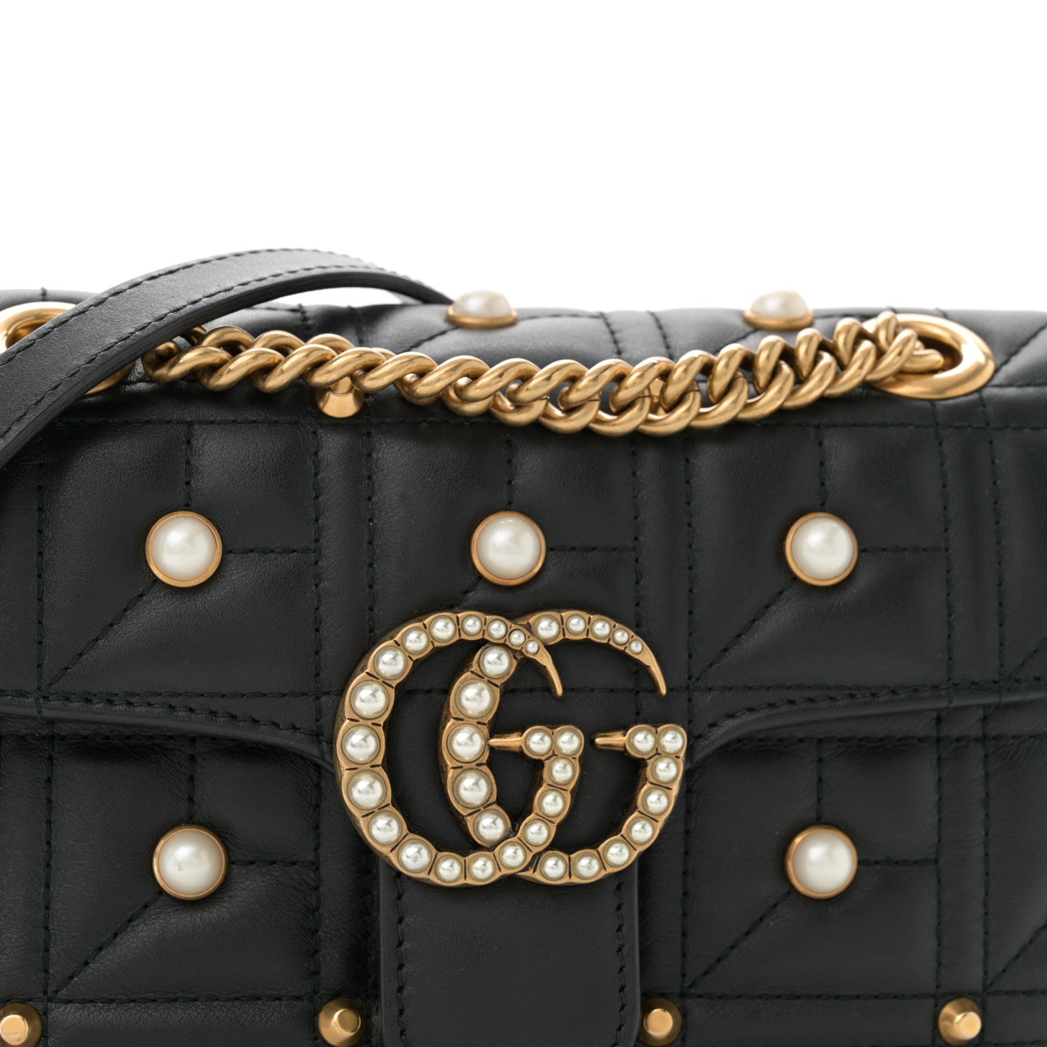 Gucci Calfskin Matelasse Studded Mini Pearly GG Marmont Shoulder Bag Black 8 of 12