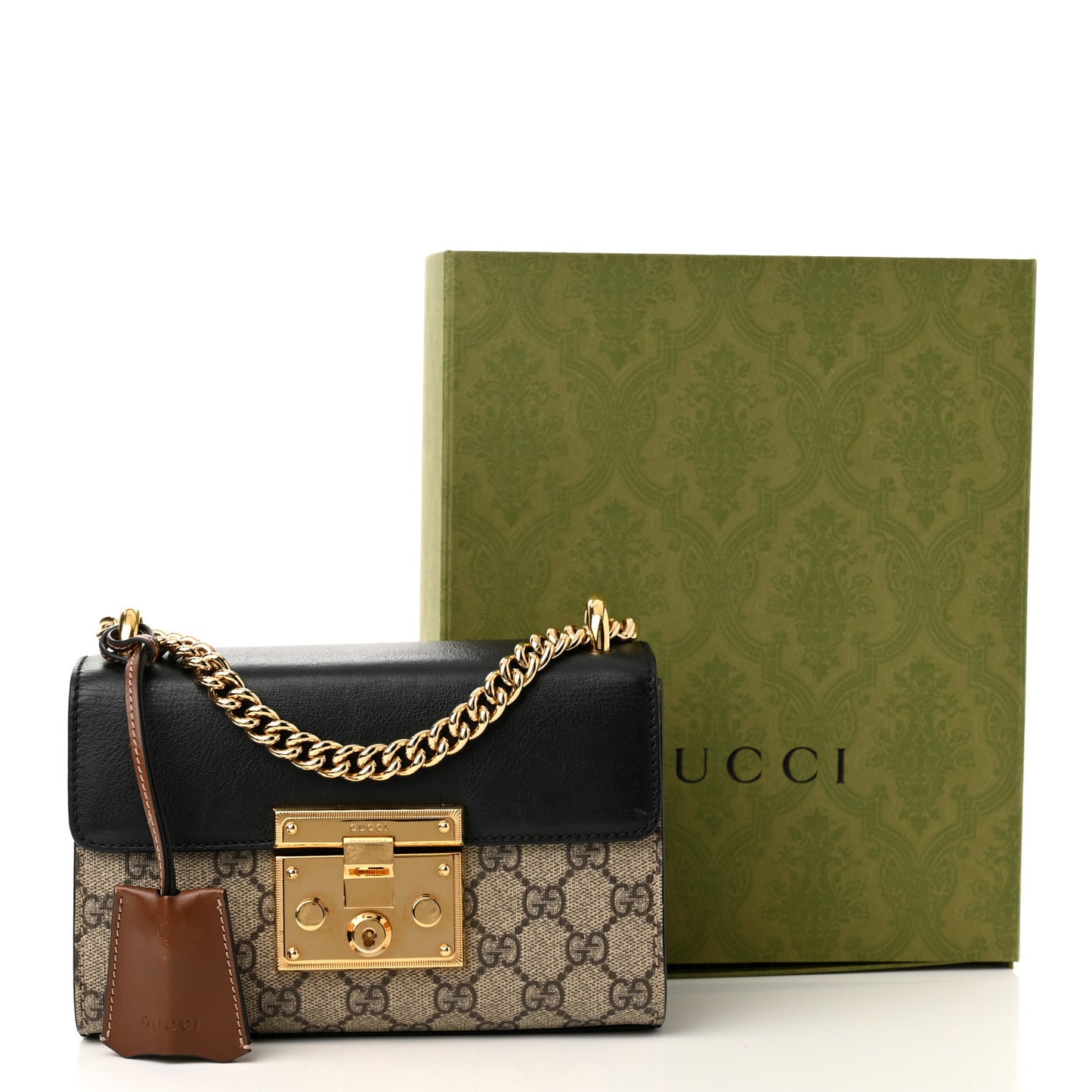 GG Supreme Monogram Calfskin Small Padlock Shoulder Bag Beige Black Cuir