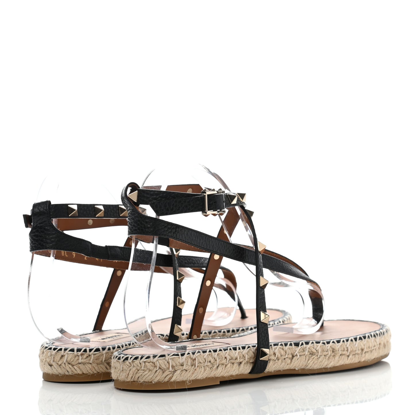 Pebbled Calfskin Rockstud Thong Espadrille Sandals 41 Black