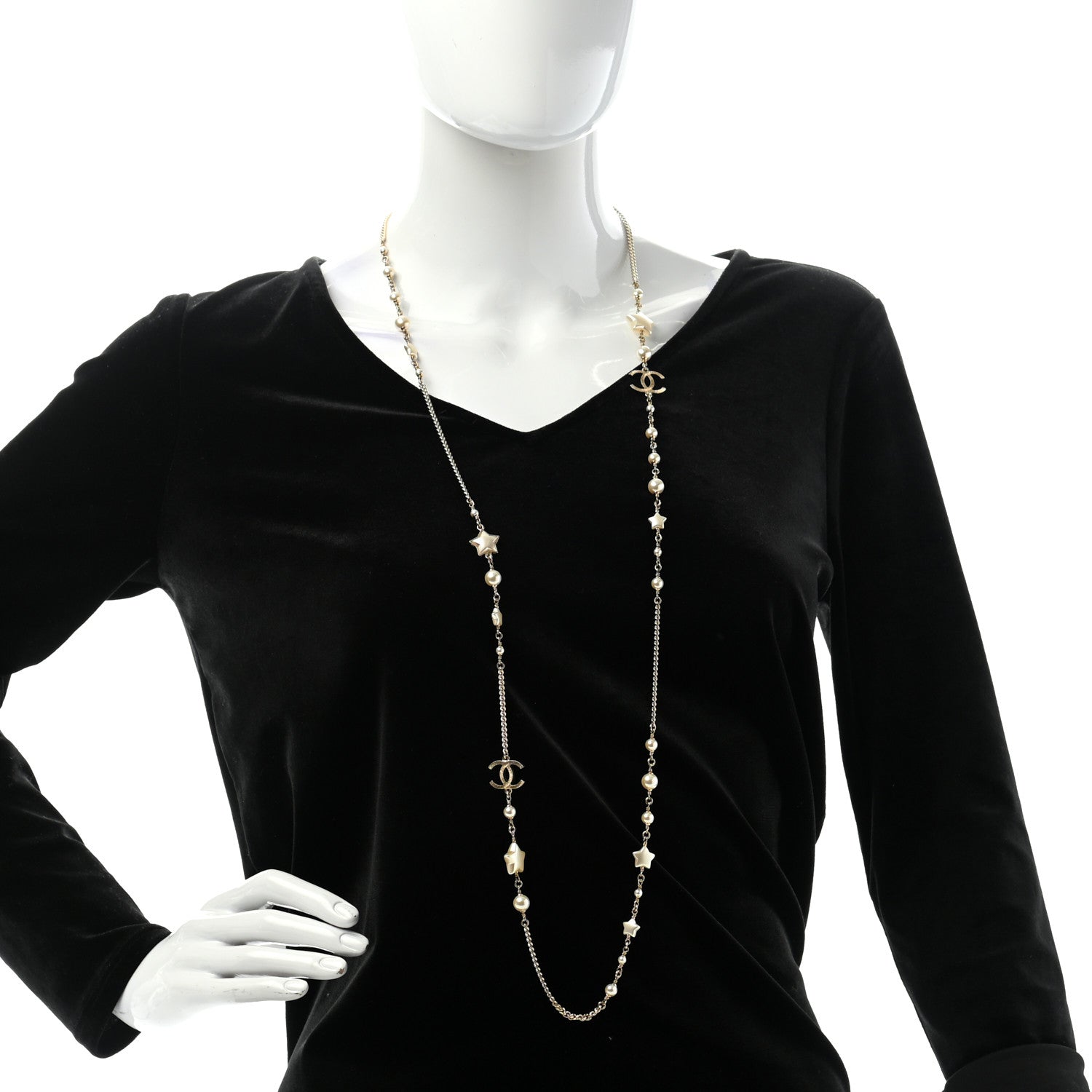 Chanel Metal Resin Pearl Star CC Necklace Gold 2 of 6