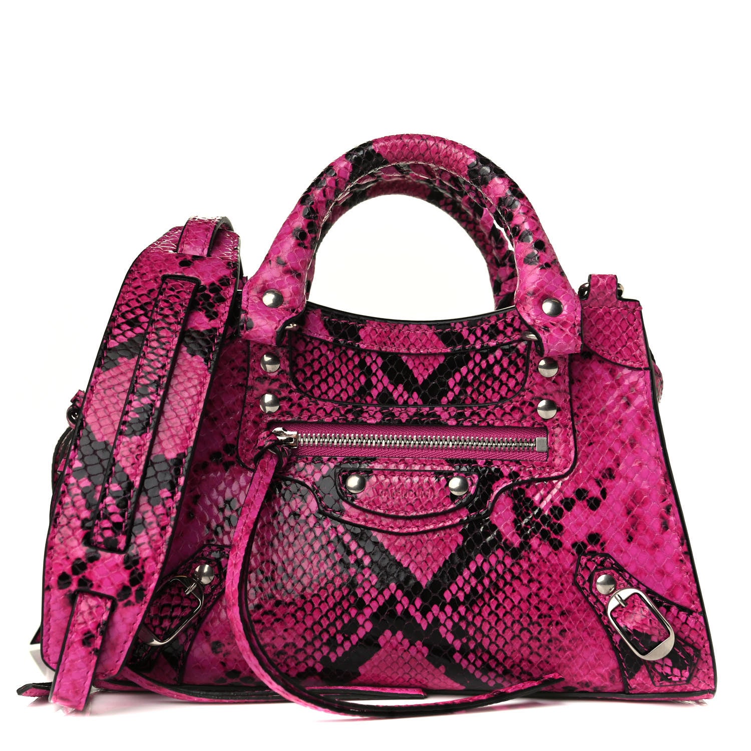 Balenciaga Calfskin Python Effect Neo Classic Silver Hardware Mini City Fuchsia Black 1 of 5