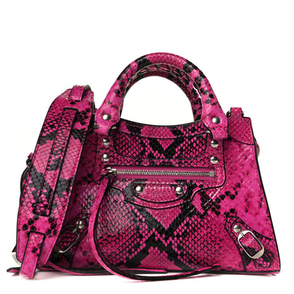 Balenciaga Calfskin Python Effect Neo Classic Silver Hardware Mini City Fuchsia Black 1 of 5