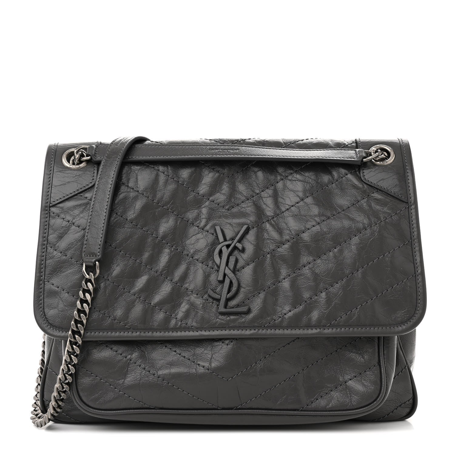 Saint Laurent Crinkled Calfskin Matelasse Monogram Large Niki Chain Satchel Fog 1 of 10