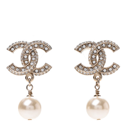 Chanel Crystal Pearl CC Drop Earrings Gold 1 of 4