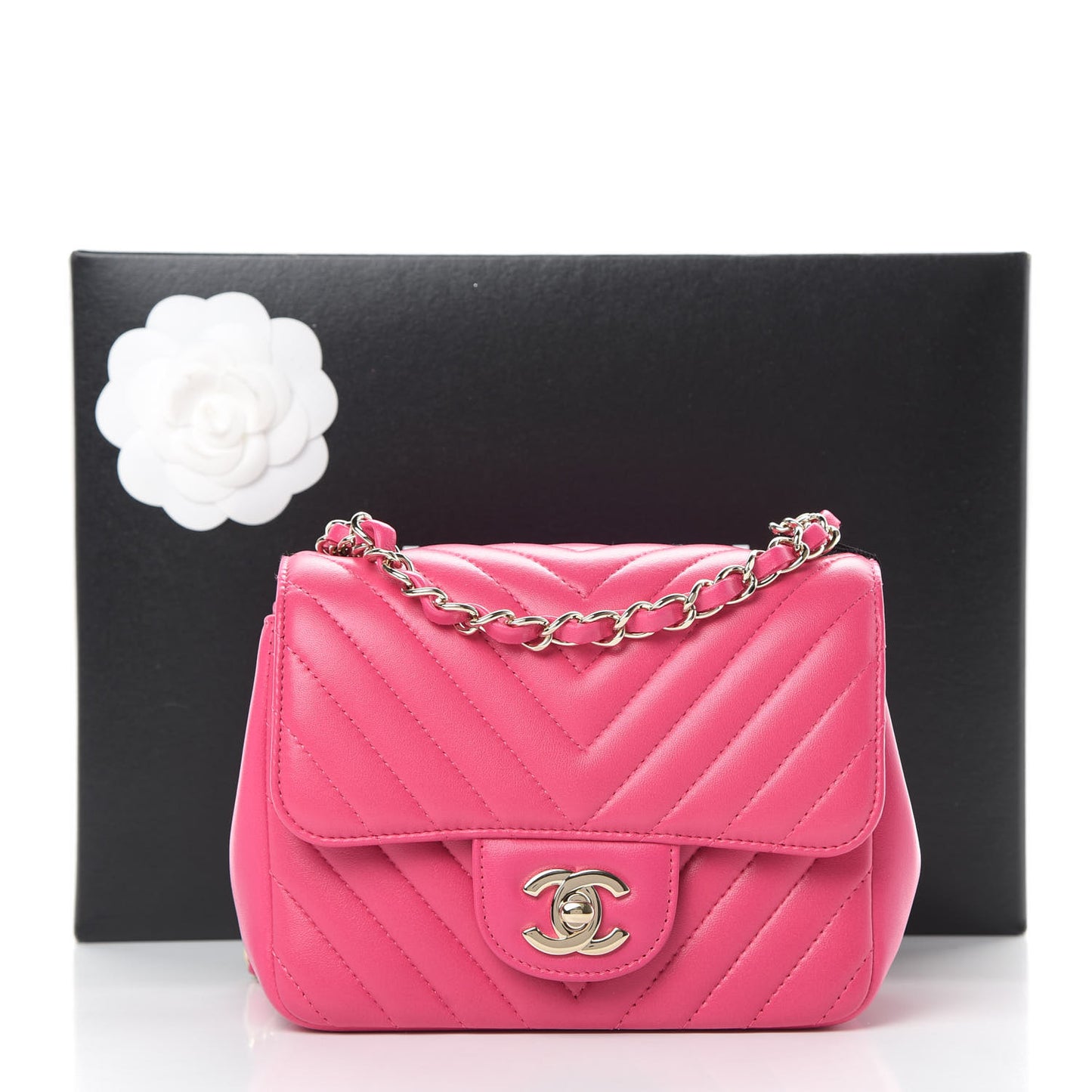 Lambskin Chevron Quilted Mini Square Flap Fuchsia