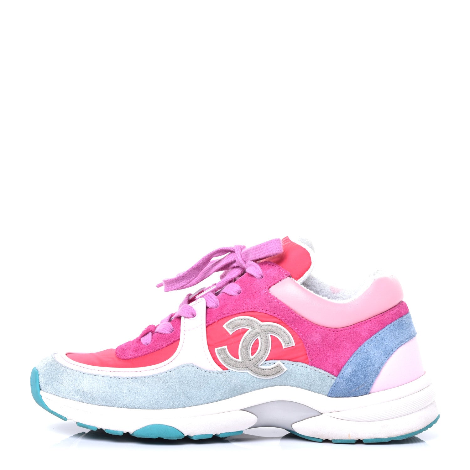 Chanel Nylon Lambskin Suede Calfskin CC Sneakers 38.5 Fuchsia Pink 1 of 9