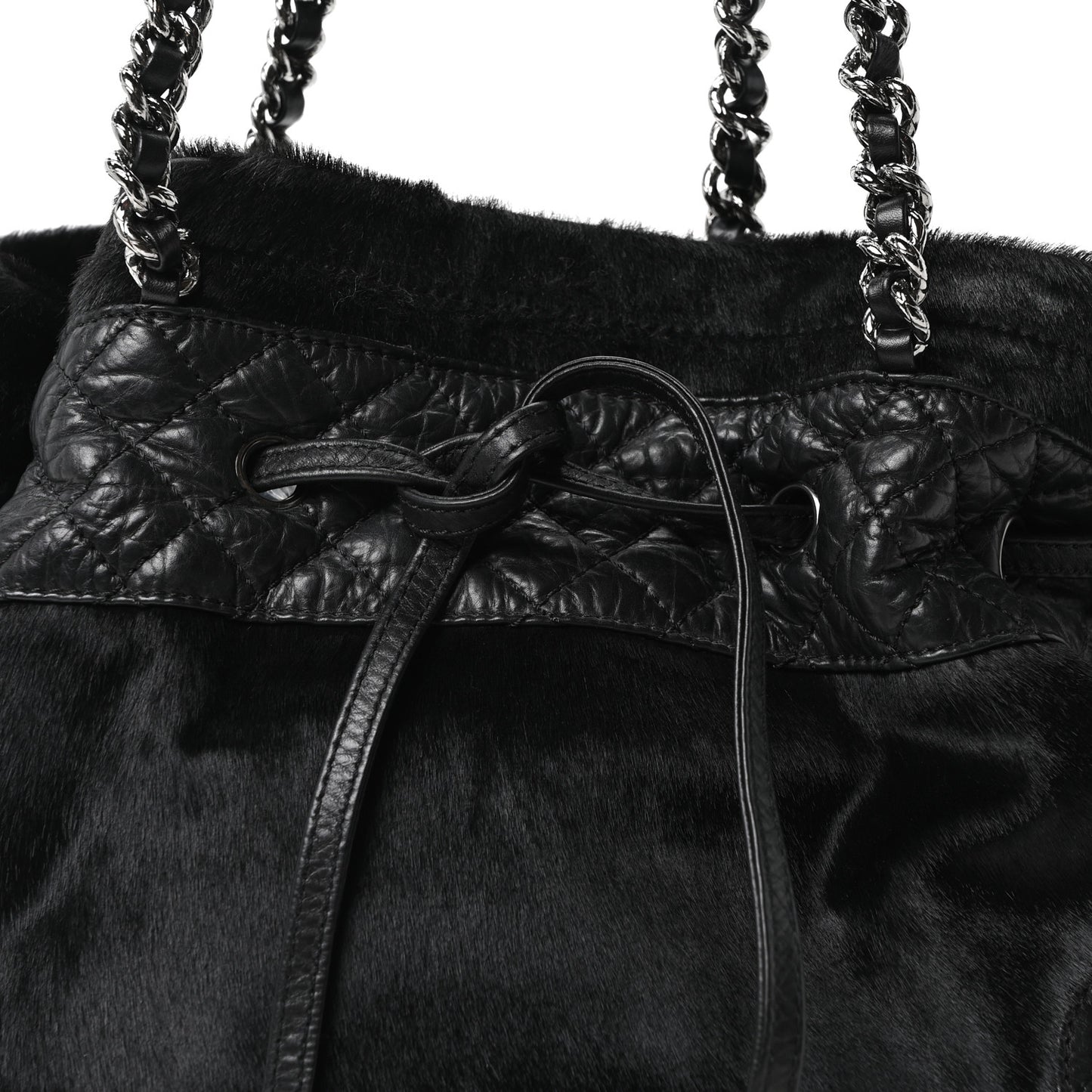Aged Calfskin Pony Hair Quilted Small Miss Pony Drawstring Tote Black