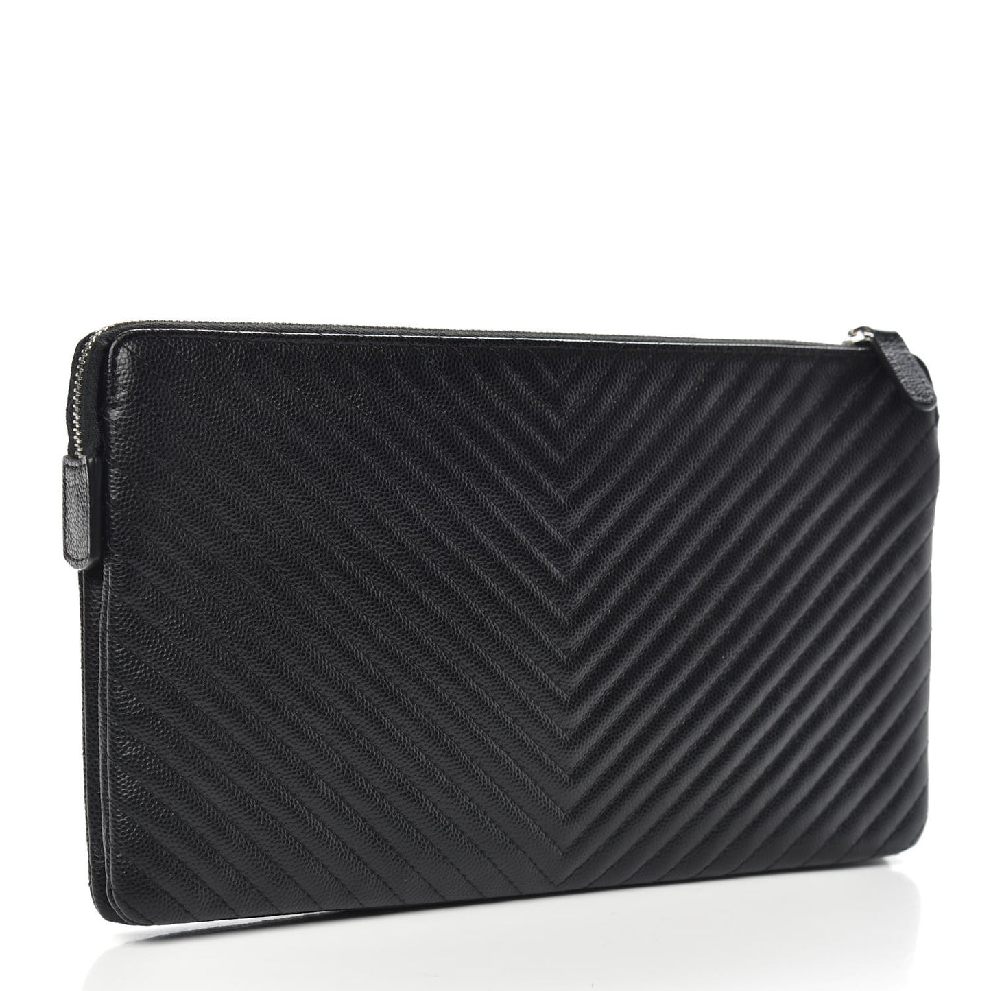 Caviar Chevron Quilted Large Zipped Clutch Black