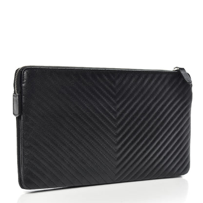 Chanel Caviar Chevron Quilted Large Zipped Clutch Black 3 of 9