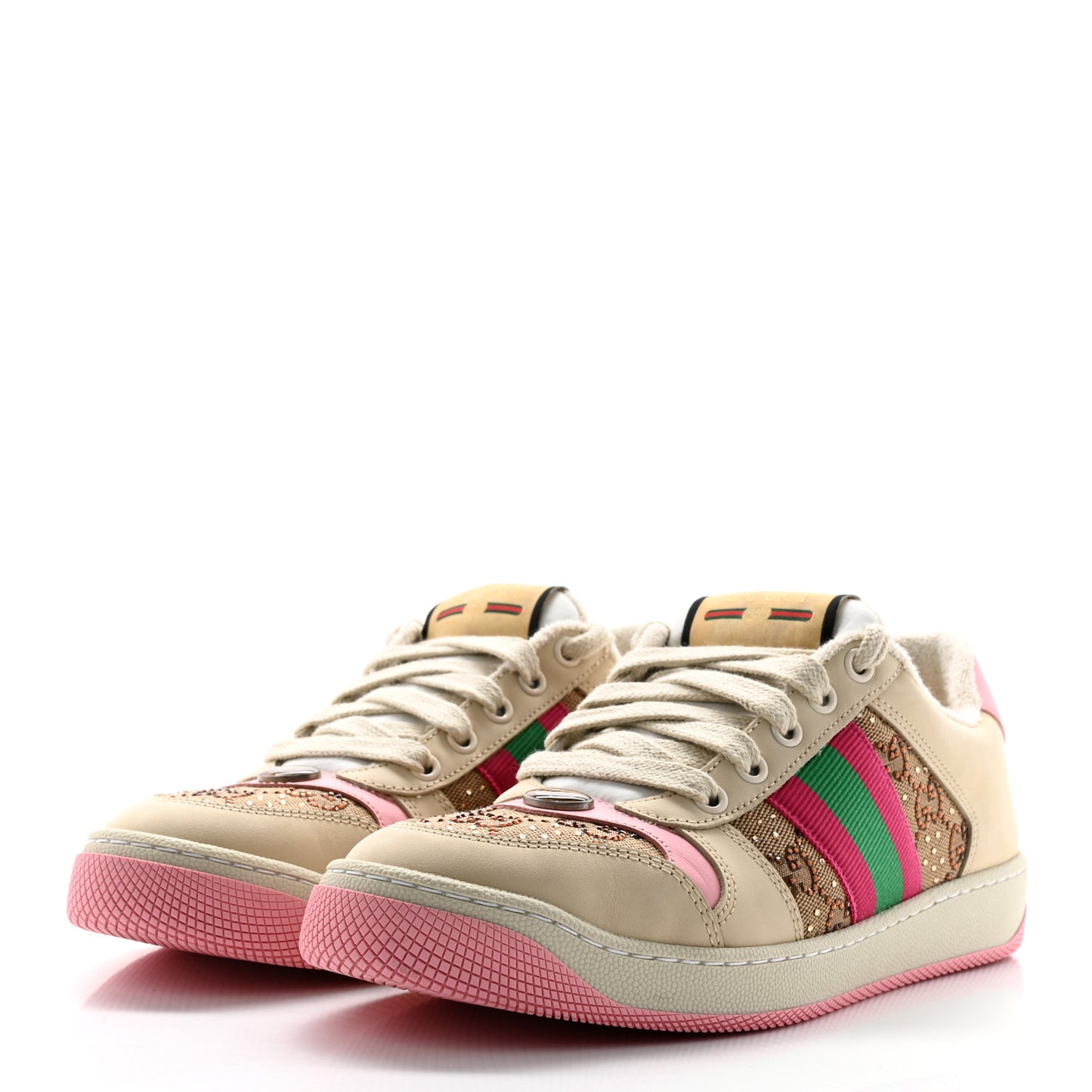 New GG Monogram Nubuck Web Crystal Embellished Womens Screener Sneakers 37 Camel Ebony Wild Rose