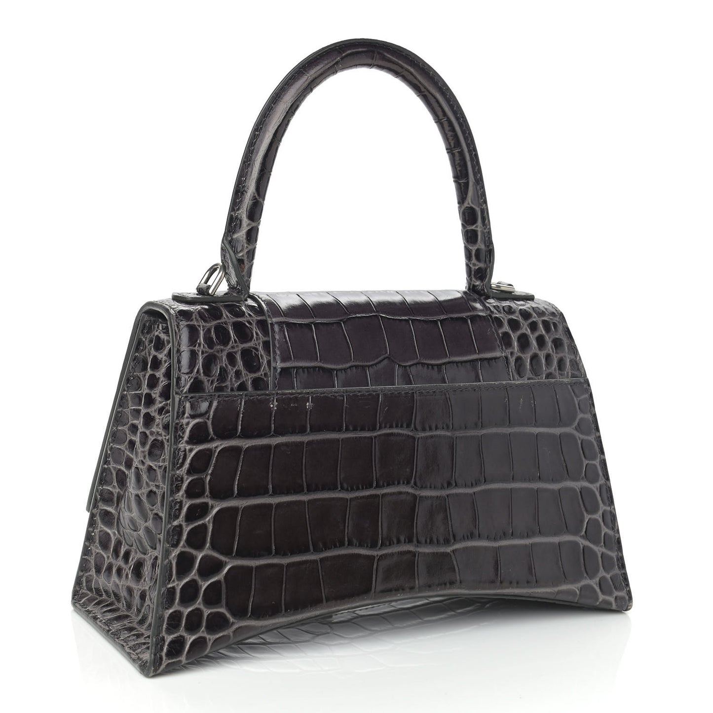 Shiny Calfskin Crocodile Embossed Small Hourglass Top Handle Bag Dark Grey