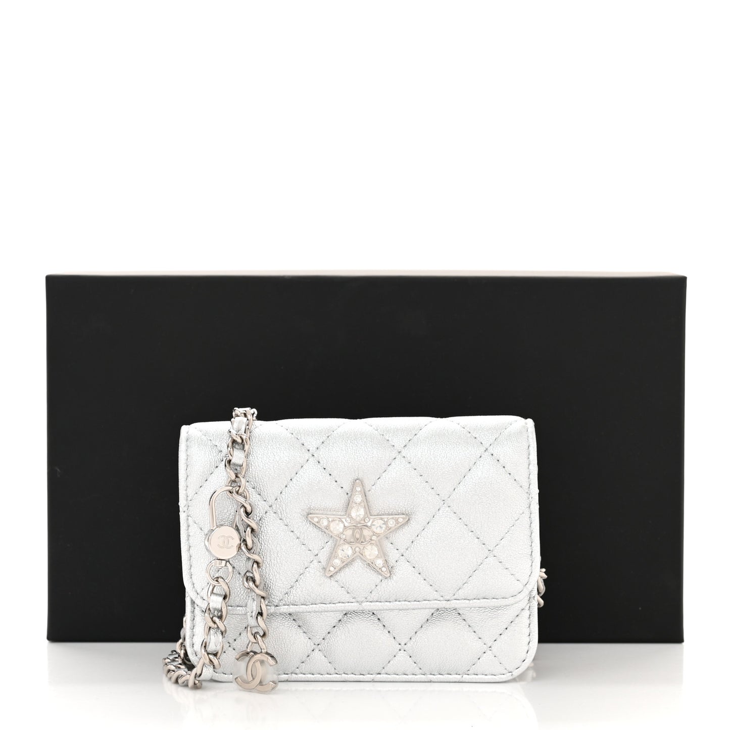 Metallic Goatskin Quilted Star Flap Waist Belt Bag Silver