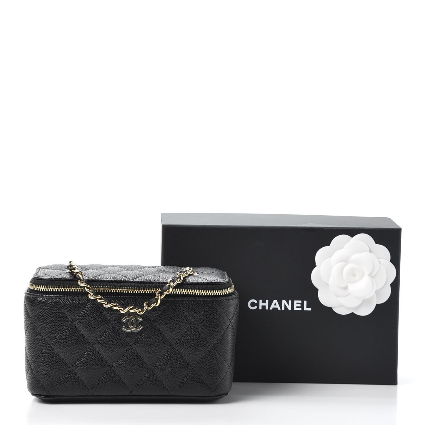 Caviar Quilted Small Vanity Case With Chain Black