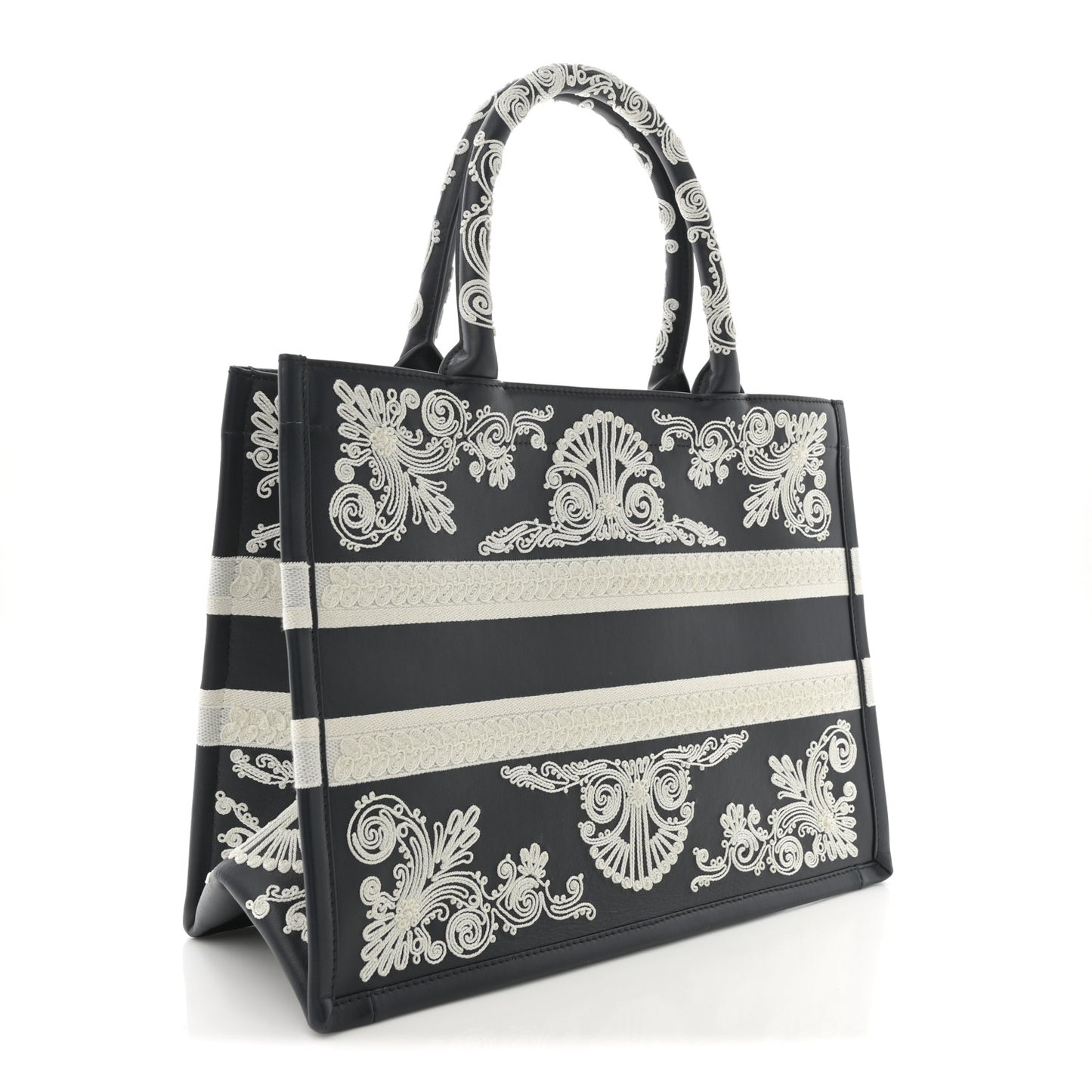 Calfskin Cornely-Effect Embroidery Medium Book Tote Black White