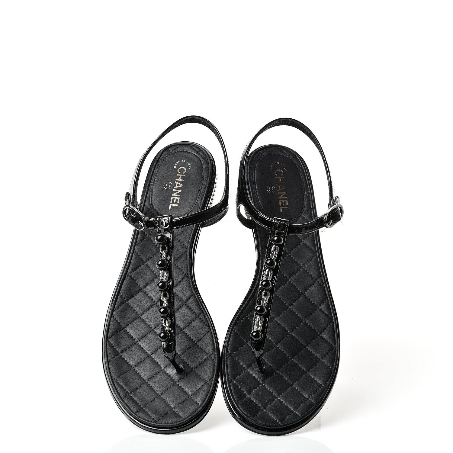Chanel Patent Beaded CC Thong Sandals 37.5 Black 5 of 10