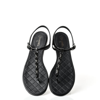 Chanel Patent Beaded CC Thong Sandals 37.5 Black 5 of 10