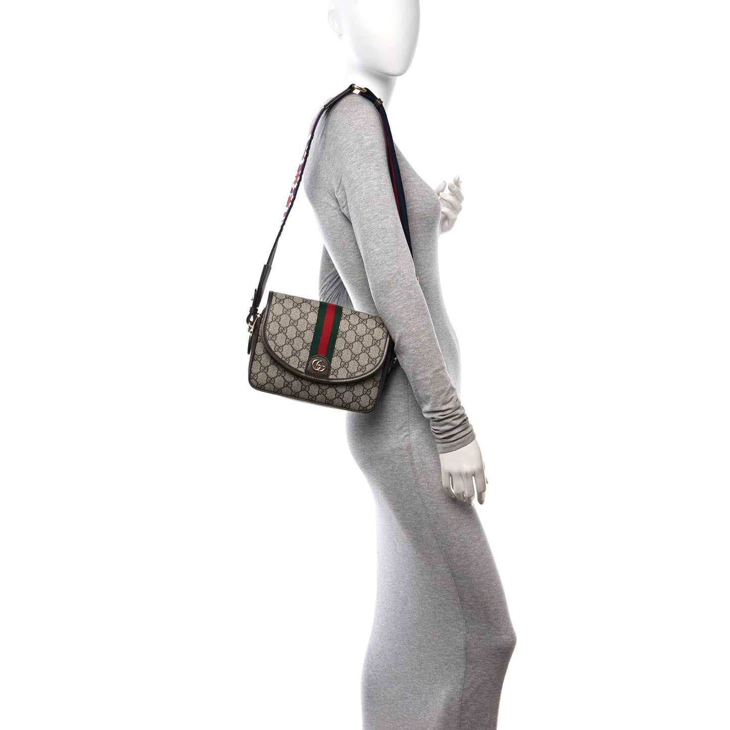 GG Supreme Monogram Textured Dollar Calfskin Web Studded Mini Ophidia Flap Shoulder Bag Beige Ebony New Acero