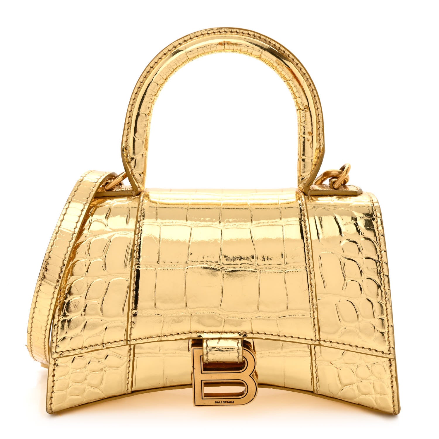 Balenciaga Metallic Calfskin Crocodile Embossed Hourglass Top Handle Bag XS Gold 1 of 17