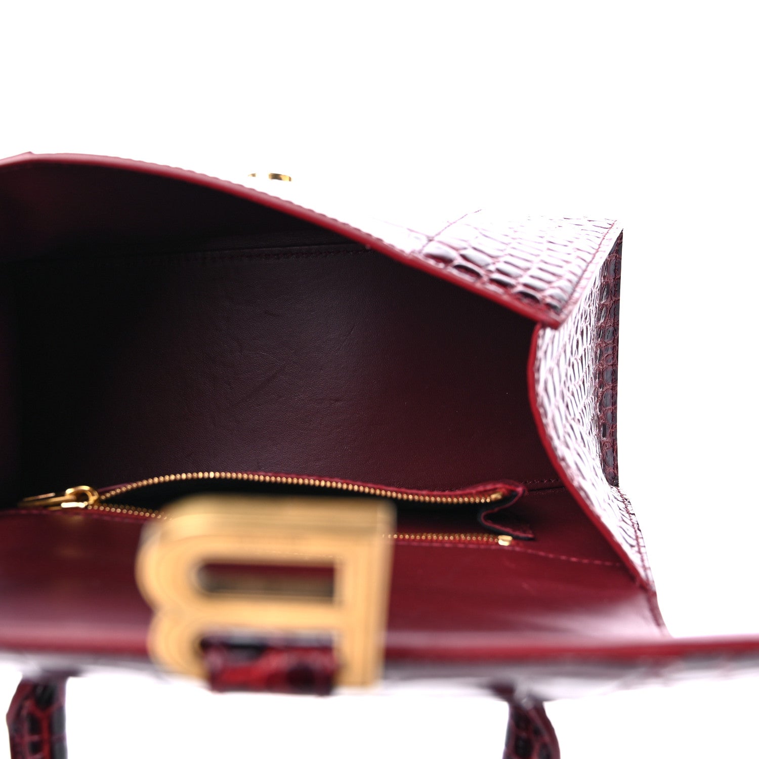 Balenciaga Shiny Calfskin Crocodile Embossed Small Hourglass Top Handle Bag Dark Red 5 of 10
