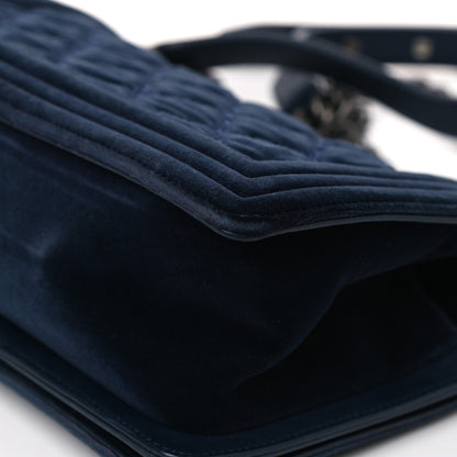 Chanel Velvet Tweed Quilted Medium Boy Flap Dark Navy Blue 10 of 17
