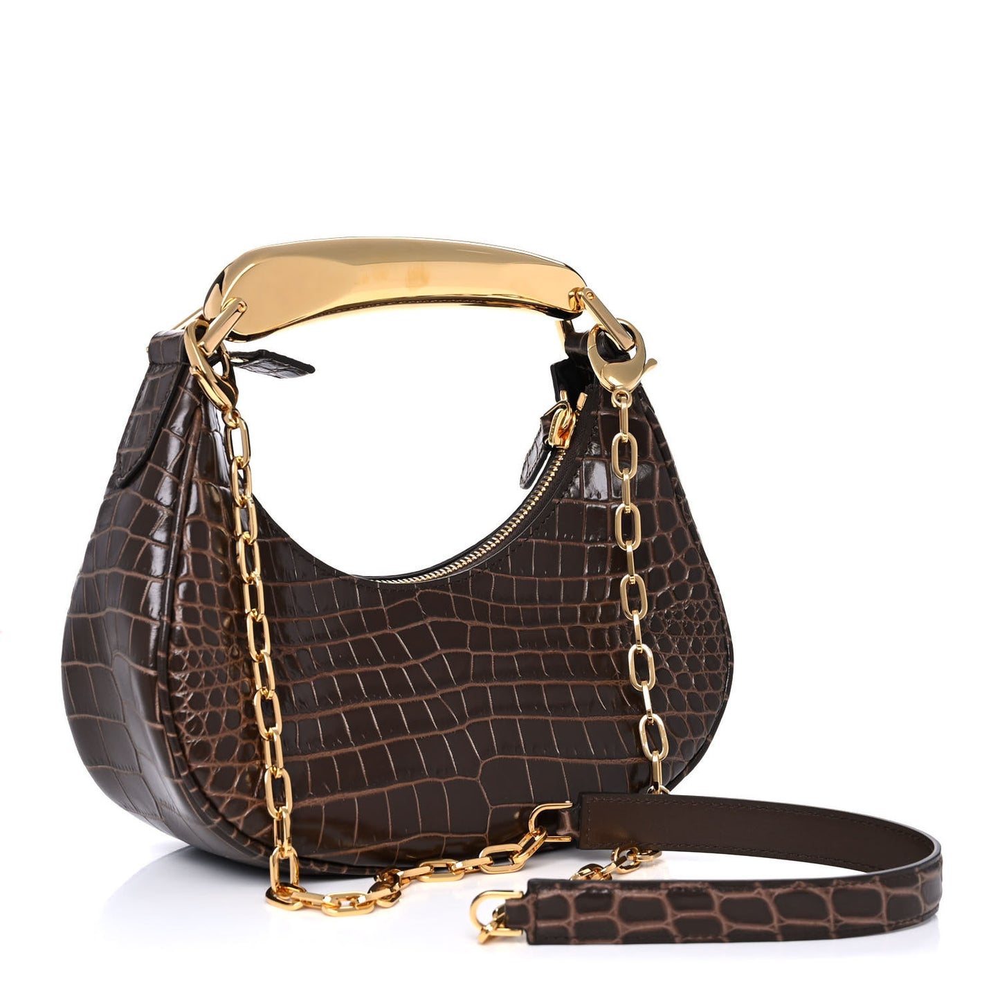 Calfskin Crocodile Embossed Mini Bianca Hobo Chestnut