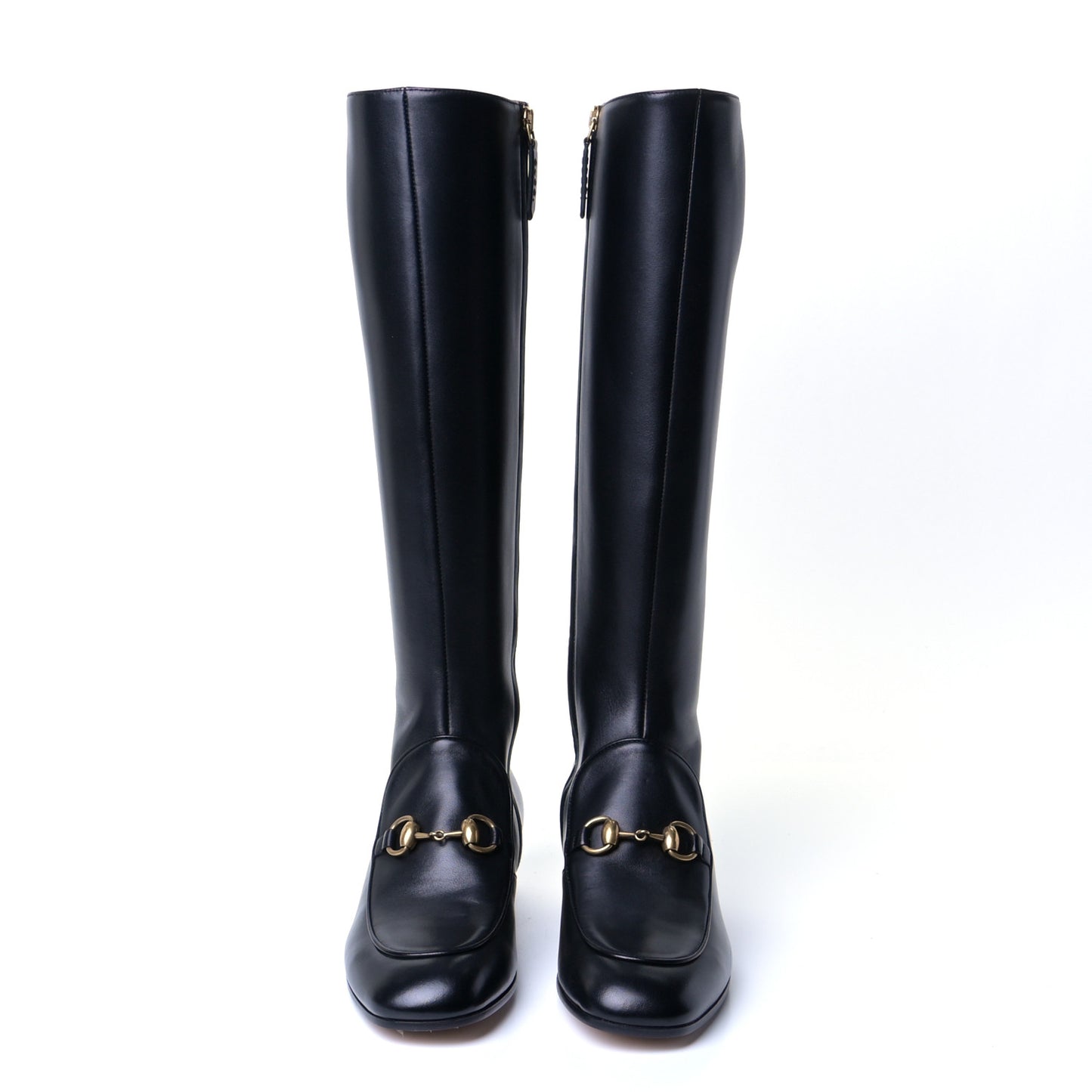 Calfskin Knee High Horsebit Crystal Heel Boots 35.5 Black