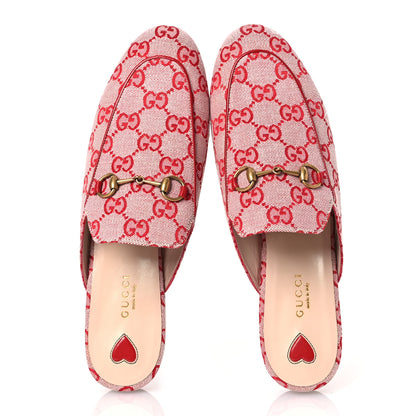 Gucci Canvas GG Monogram Horsebit Womens Princetown Slippers 39.5 Gardenia Hibiscus Red 2 of 11