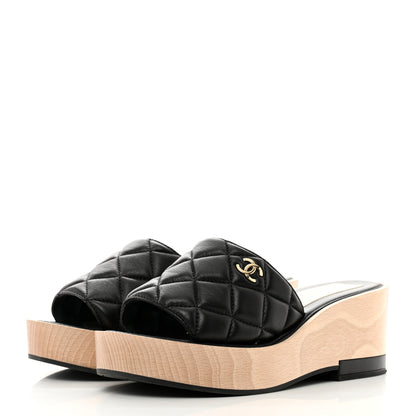 Chanel Lambskin Quilted CC Wedge Sandals 38 Black 3 of 9