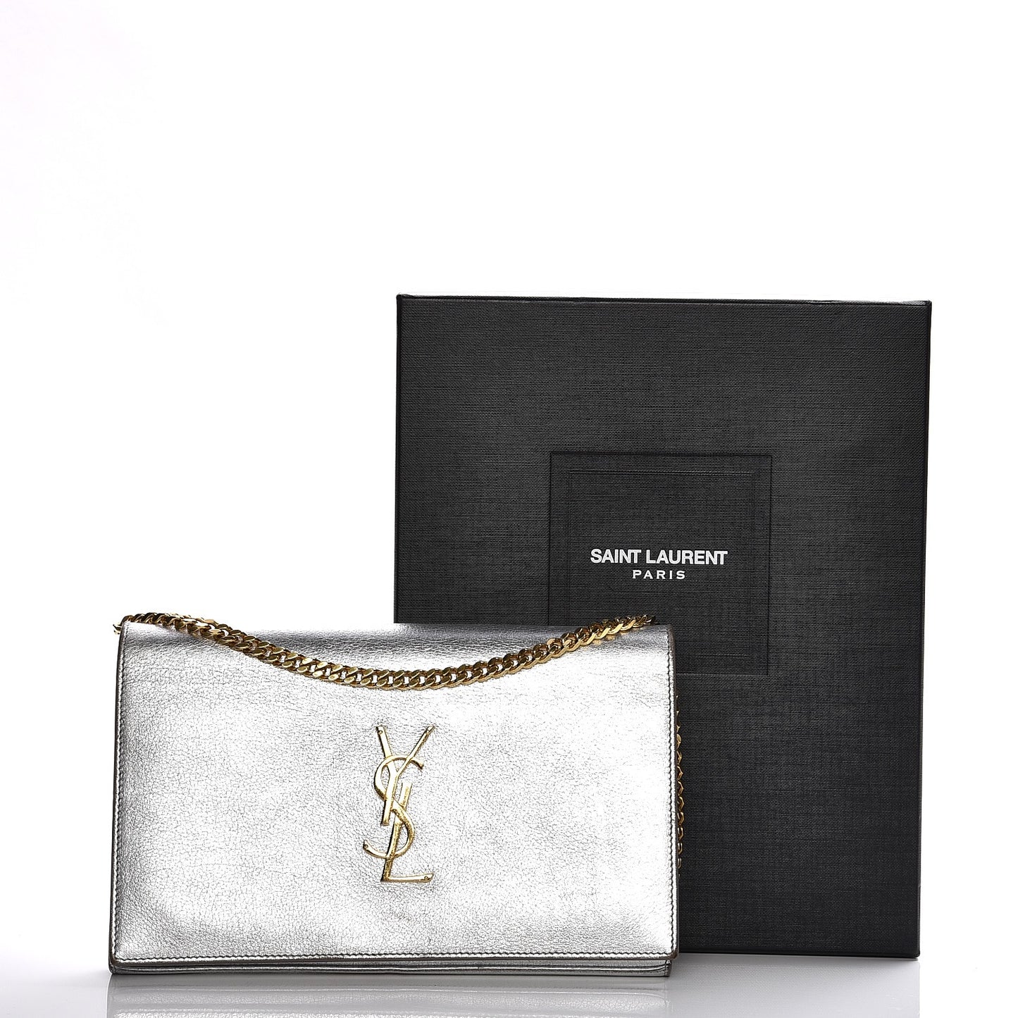 Grained Metallic Calfskin Monogram Chain Wallet Argento