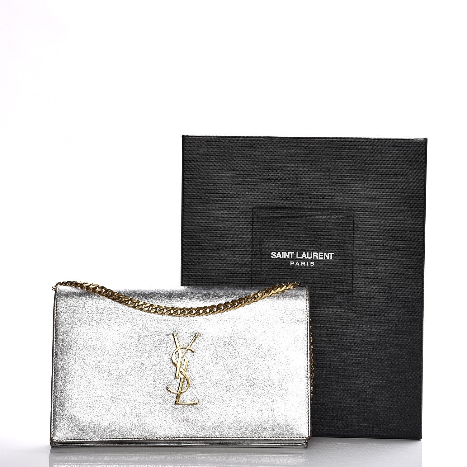Saint Laurent Grained Metallic Calfskin Monogram Chain Wallet Argento 7 of 19