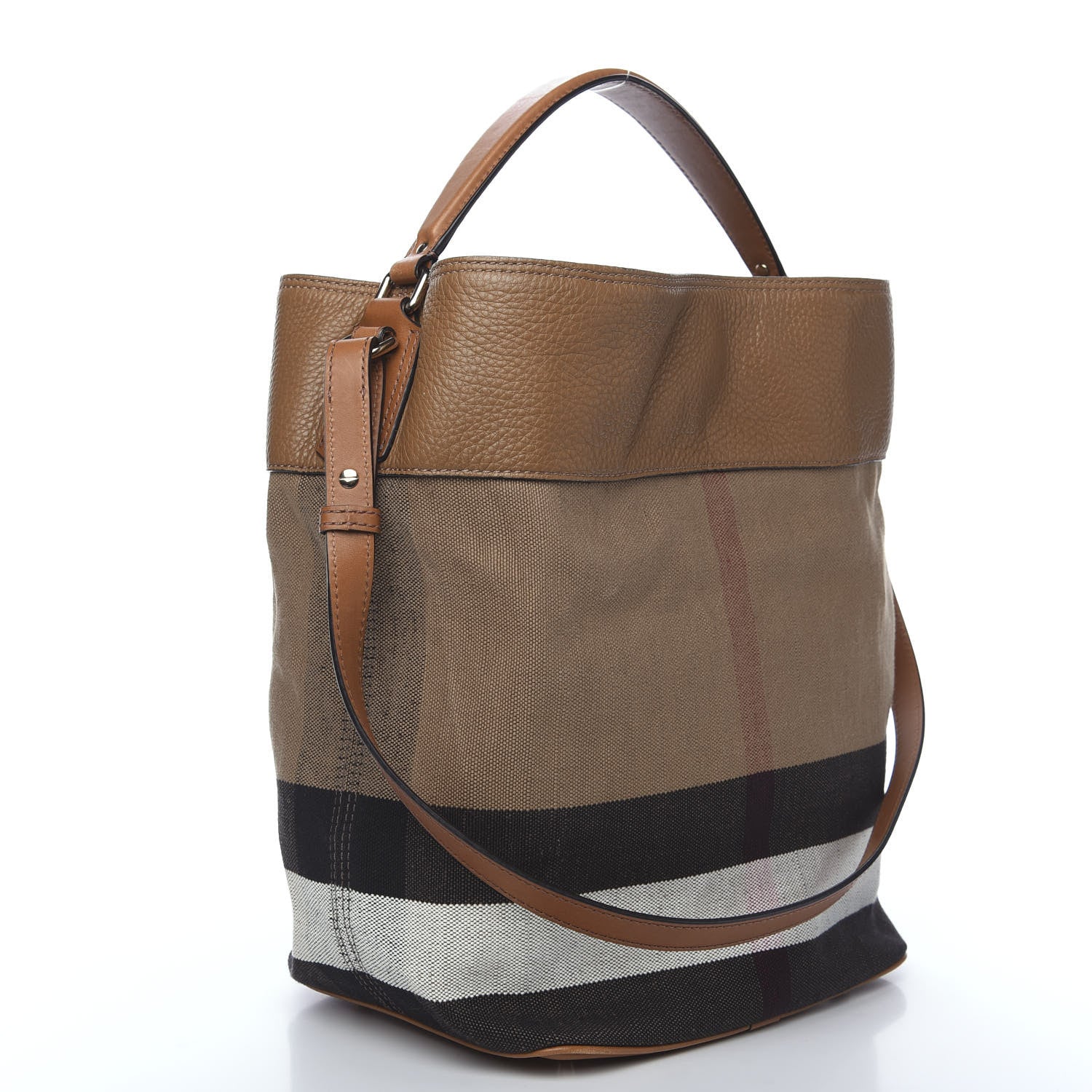 Burberry Grainy Calfskin Canvas Mega Check Medium Ashby Tassel Hobo Saddle Brown 2 of 11