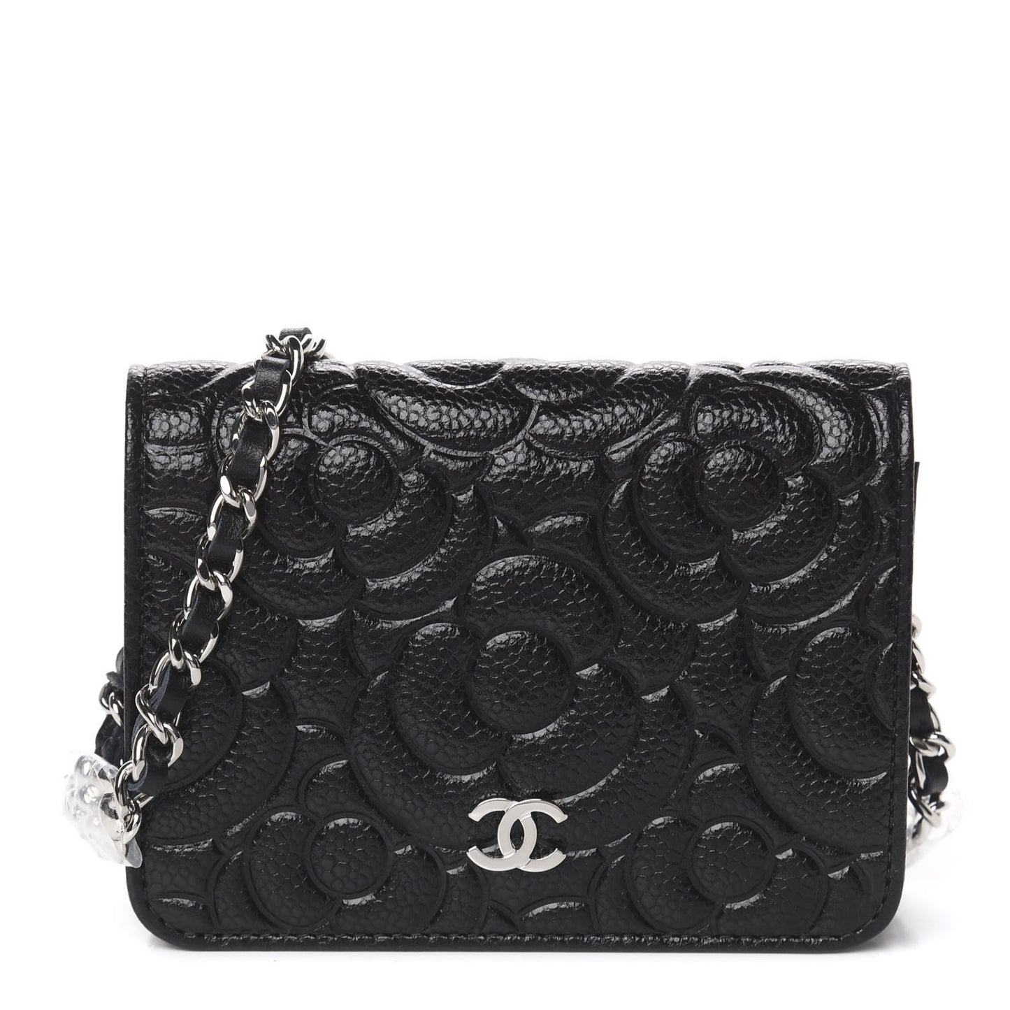 Caviar Camellia Embossed Chain Belt Bag Black