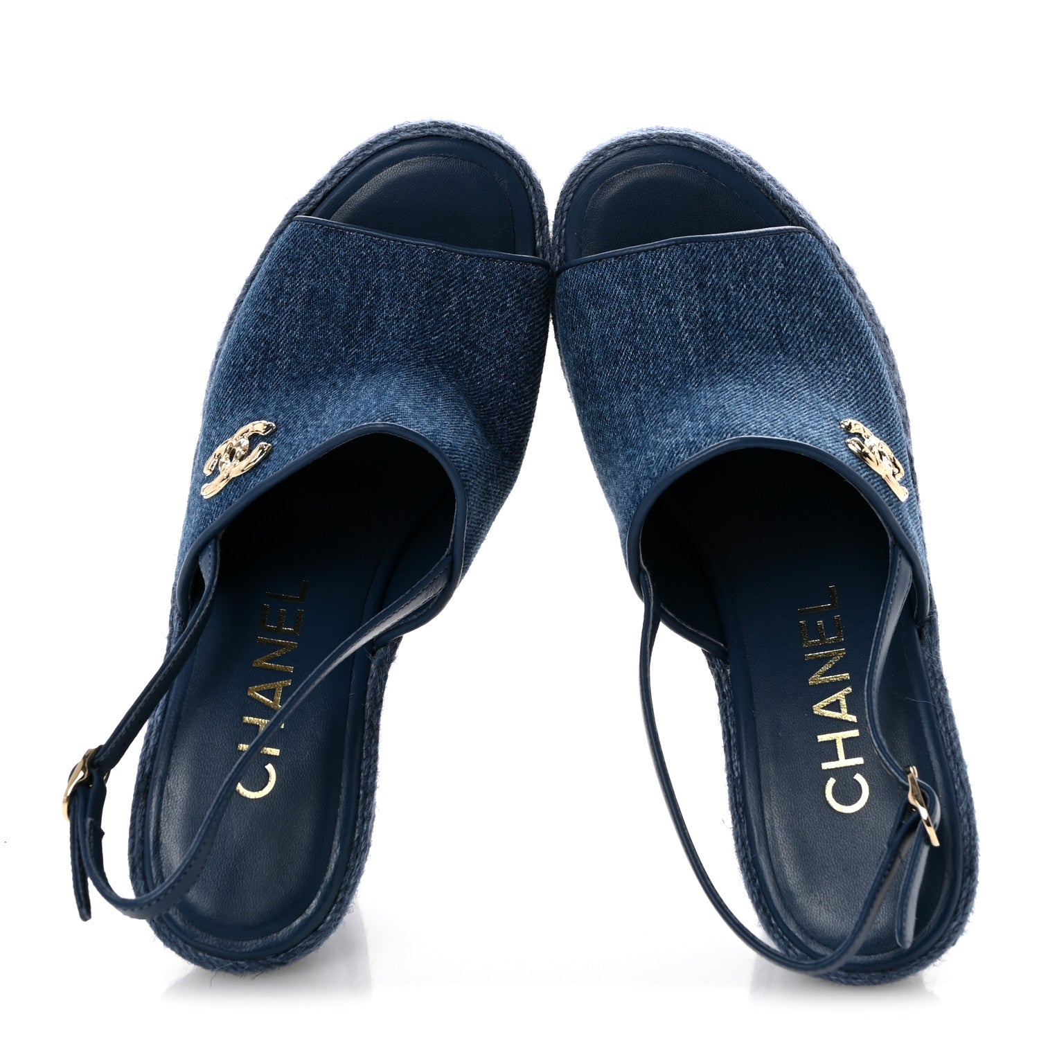 Chanel Washed Denim Braided Cord Wedge Sandals 37 Blue 1912513