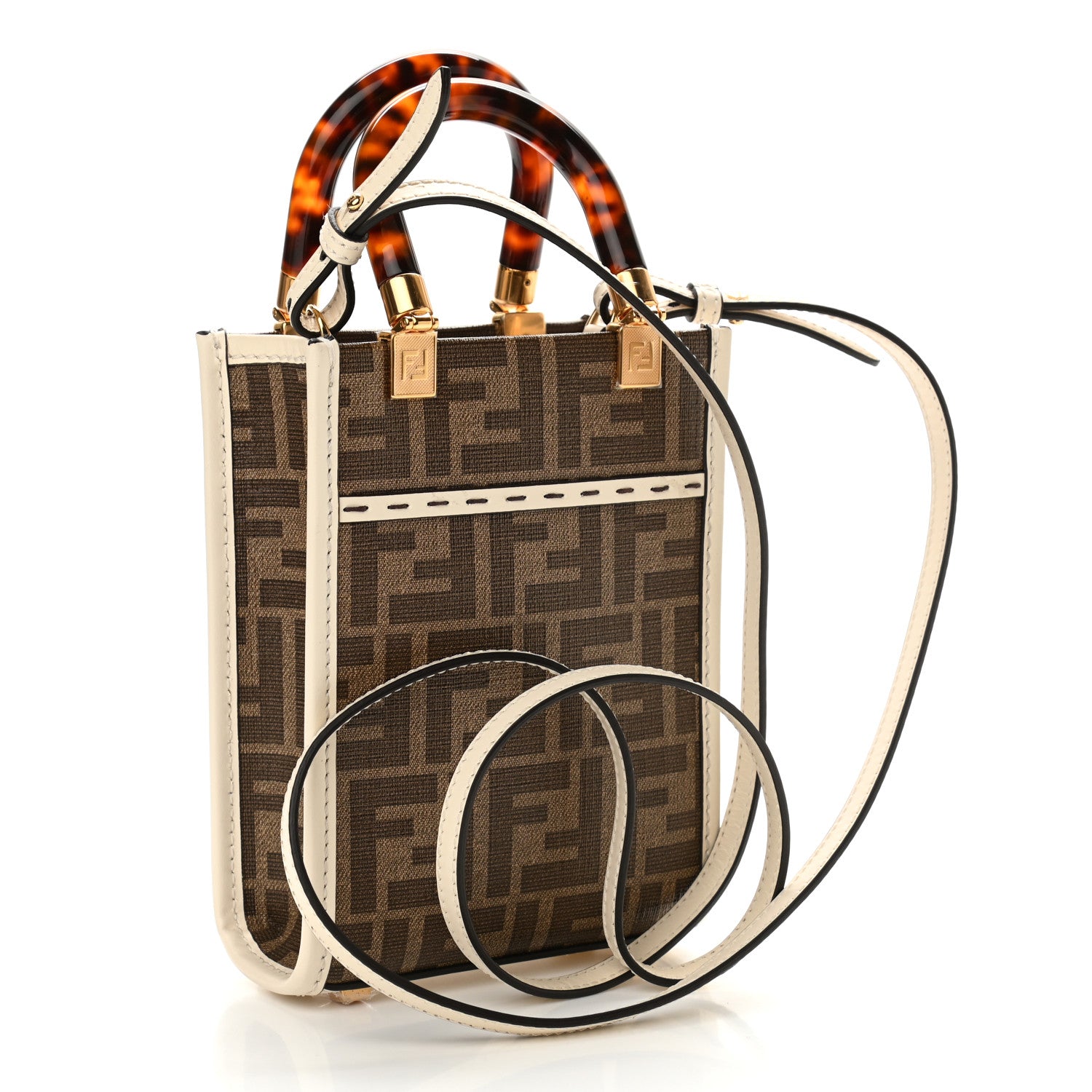 Fendi Glazed Fabric Vitello King Plexiglass FF 1974 Logo Hairdo Girls Inlay Mini Fendi Sunshine Shopper Tote Mogano Panna Multicolor 3 of 9