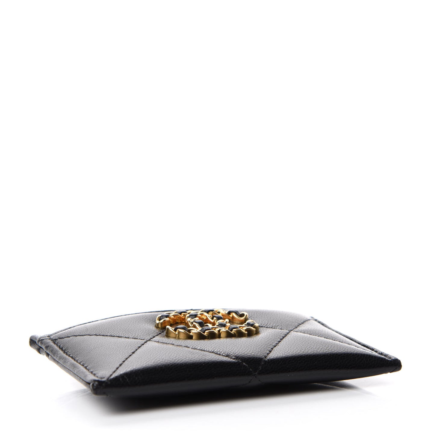 Shiny Goatskin Quilted Chanel 19 Card Holder Black