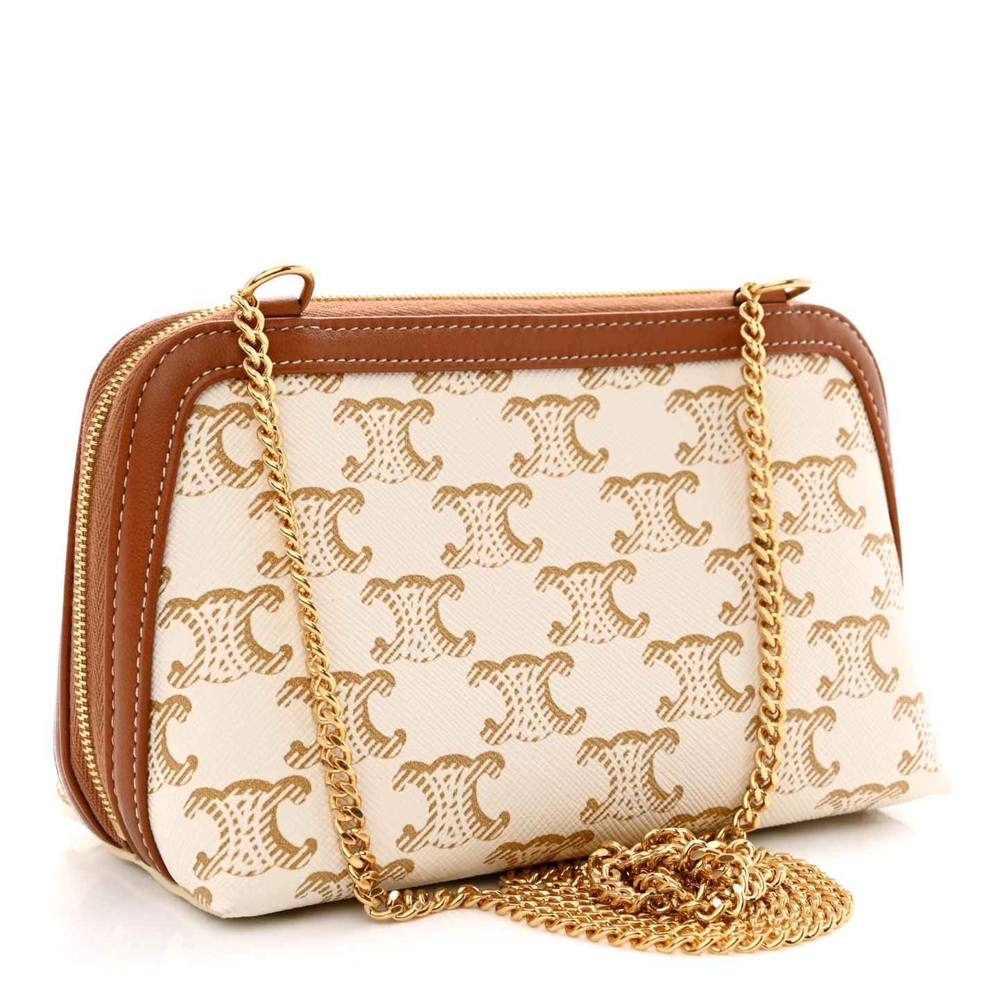 Lambskin Triomphe Canvas Clutch With Chain White Tan