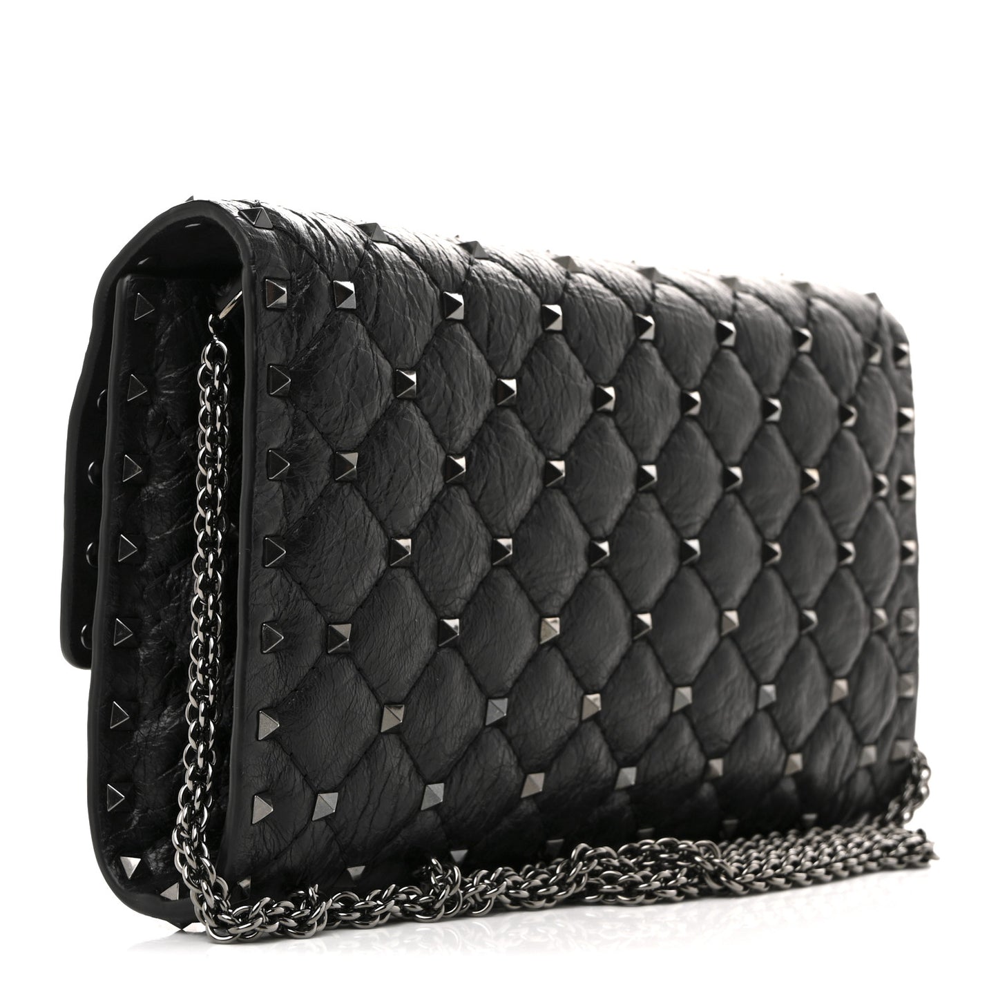 Craquele Nappa Rockstud Spike Wallet on Chain Black