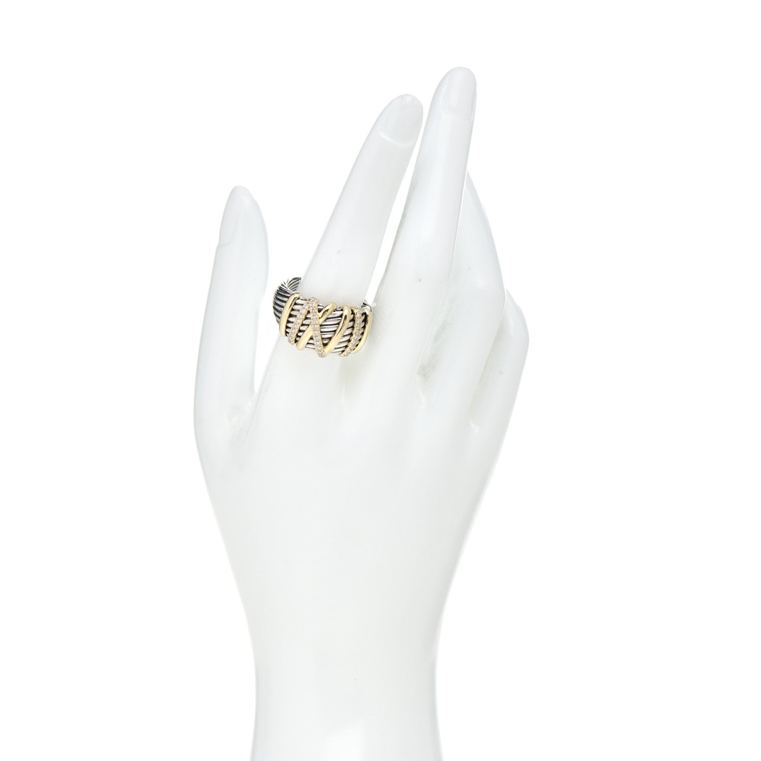 David Yurman Sterling Silver 18K Yellow Gold Diamond 15mm Helena Ring 60 9 2 of 5