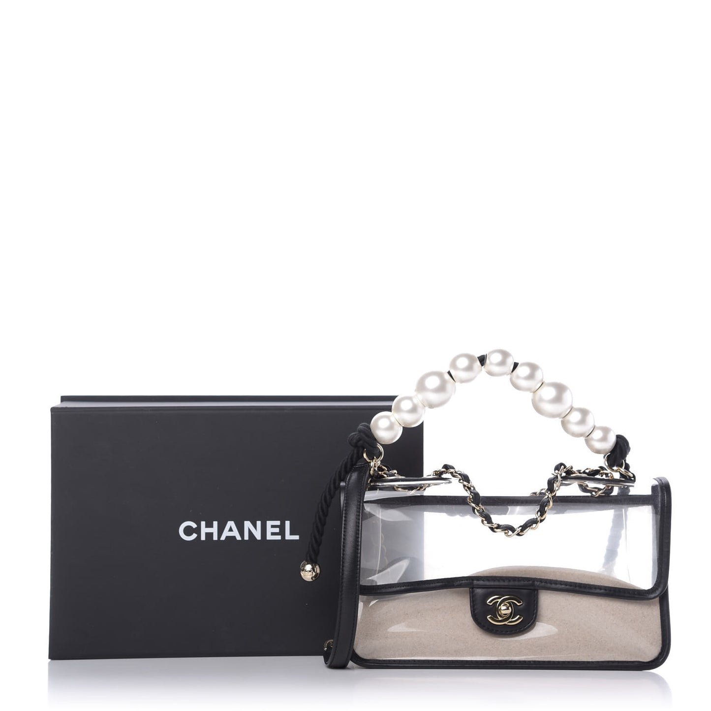 Lambskin PVC Sand By The Sea Flap With Pearl Strap Black