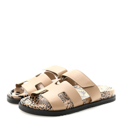 Hermes Calfskin Leopard Womens Chypre Sandals 38.5 Beige Argile 4 of 10