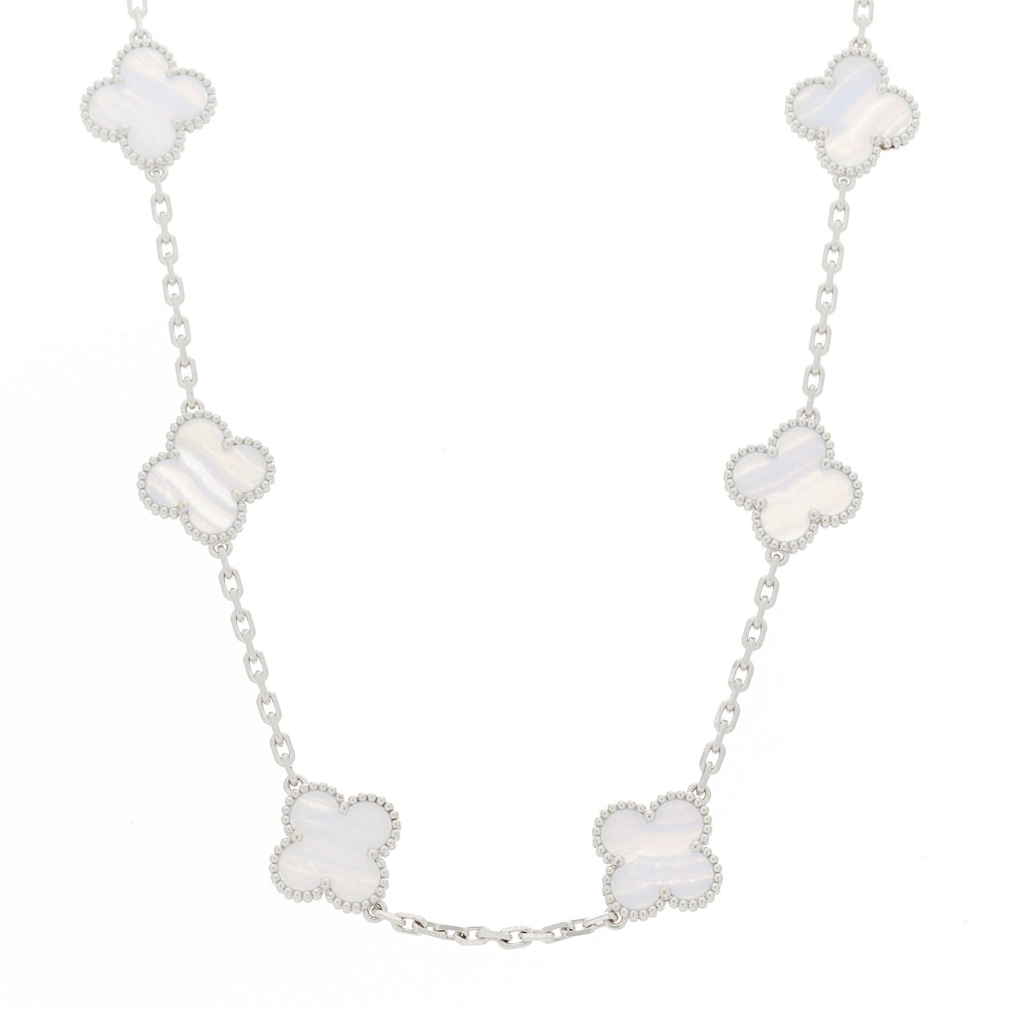 18K White Gold Chalcedony 10 Motifs Vintage Alhambra Necklace